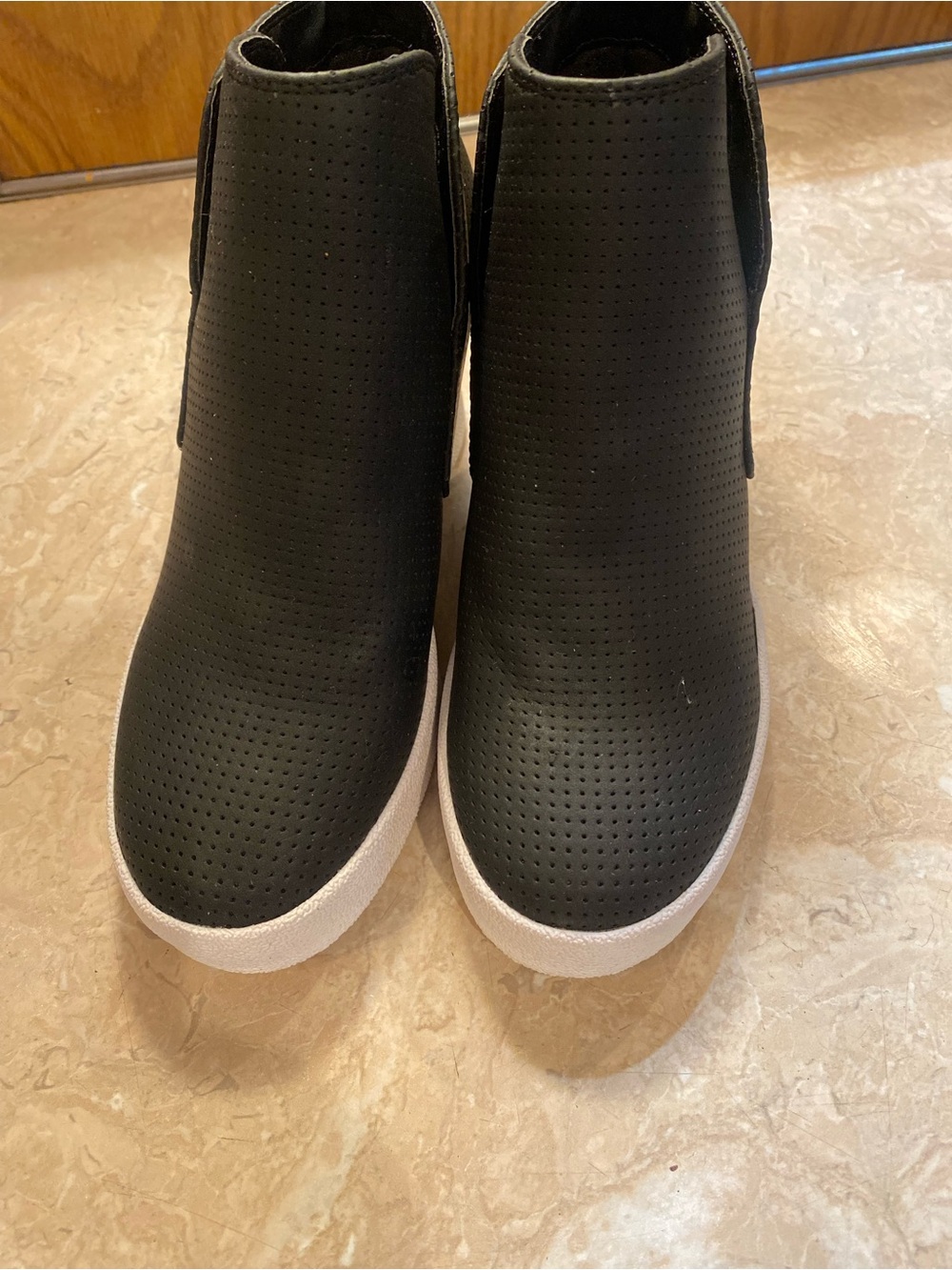 Qupid Black Perforated Slip-On Ankle Booties with White Platform